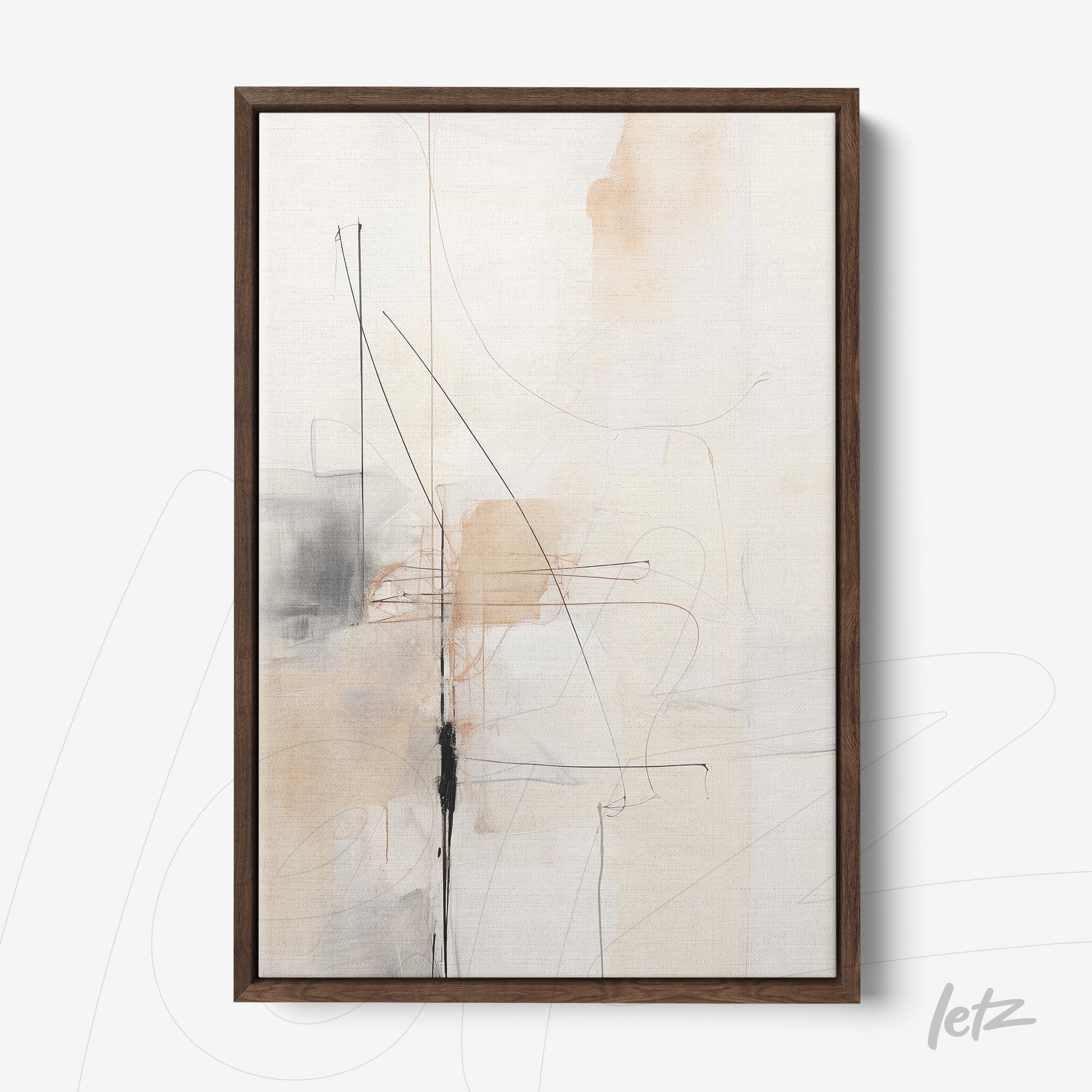 abstract framed wall art in neutral tones with black lines in dark wood frame