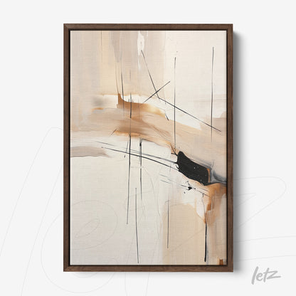 abstract wall art featuring geometric shapes in earthy tones with dark wood frame