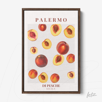 framed wall art featuring peaches in a light background, dark wood frame, vintage style text with 'Palermo' and 'Di Pesche'