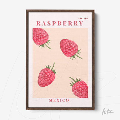 framed artwork of raspberries on a light pink background with a brown frame