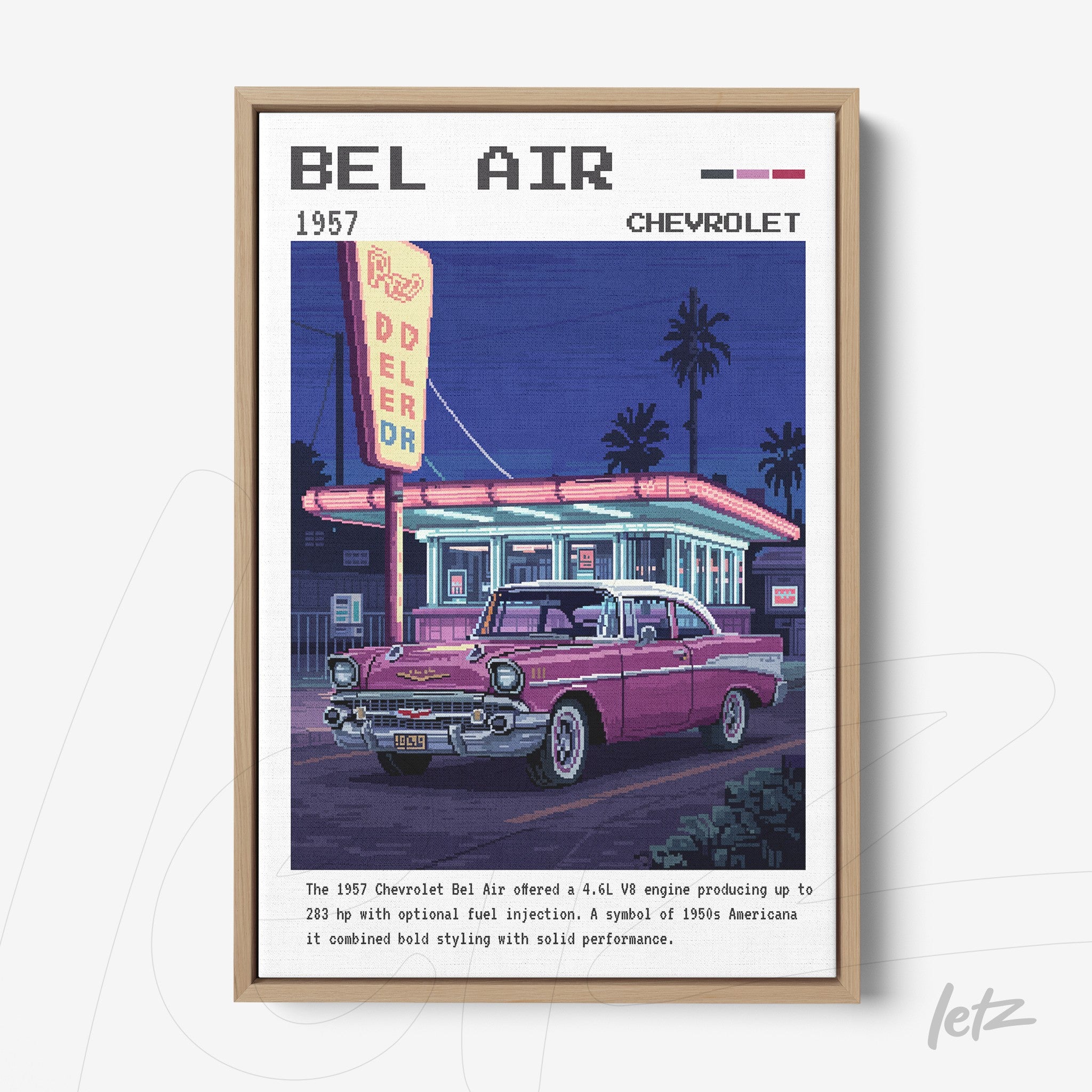 framed artwork featuring a retro Chevrolet Bel Air in pink parked in front of a colorful diner, with palm trees in the background