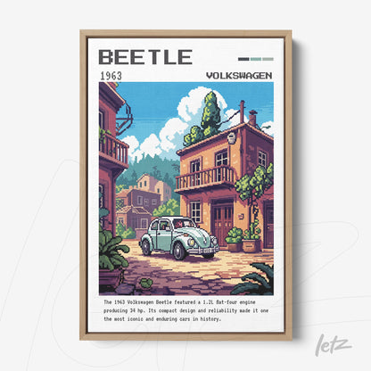 framed pixel art of a Volkswagen Beetle car in an urban setting with light wood frame