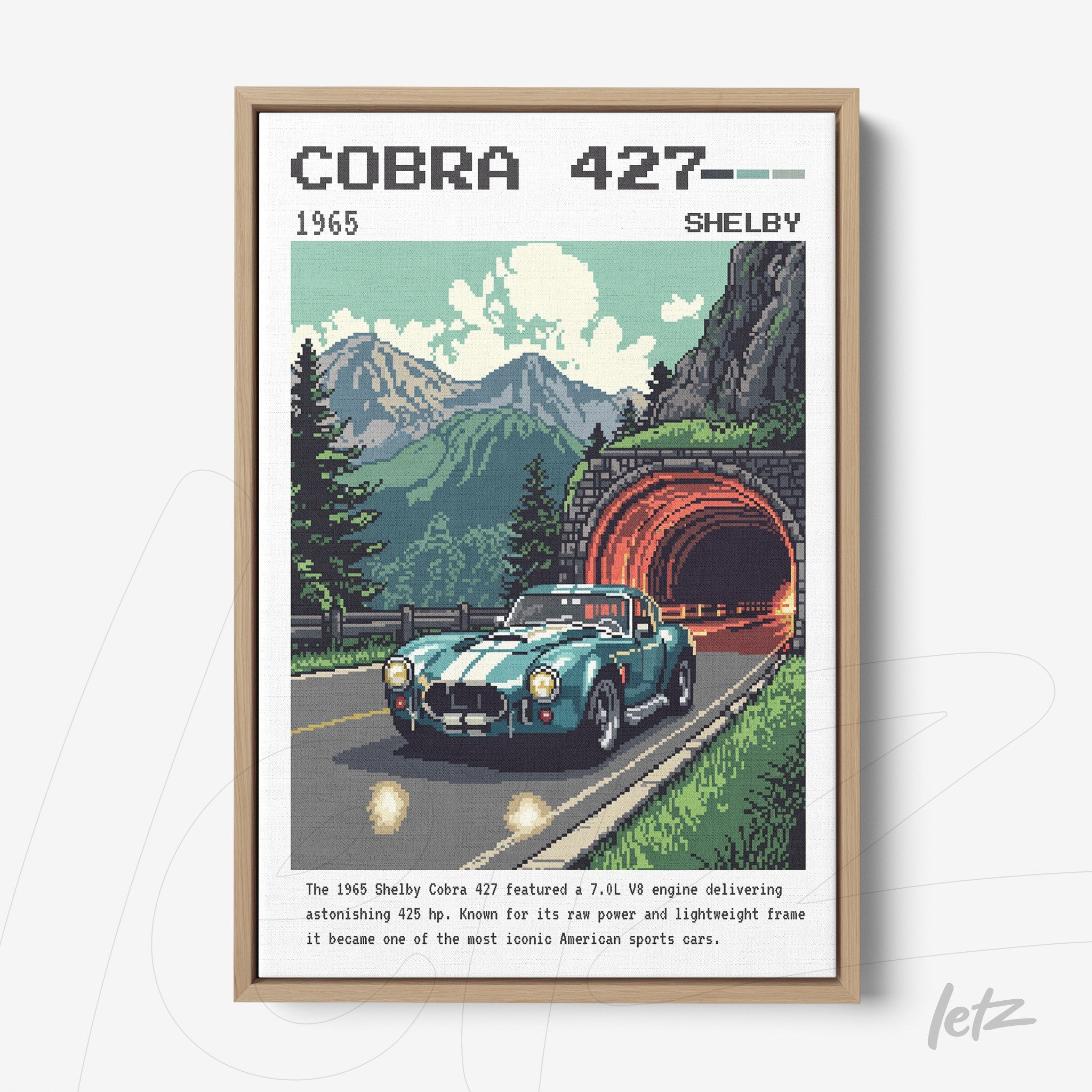 framed retro art of 1965 shelby cobra 427 sports car with mountainous landscape and road in the background