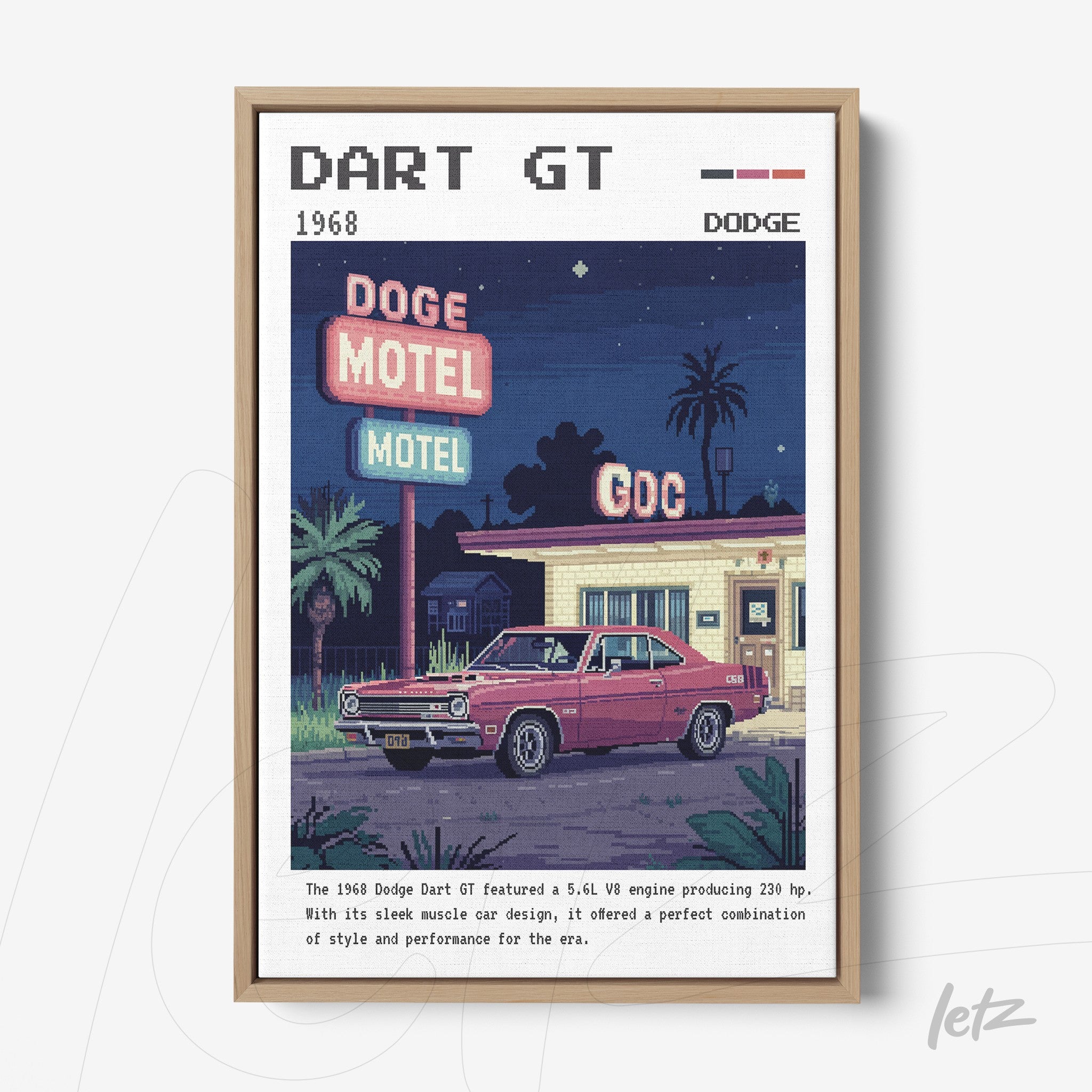 framed retro art of a 1968 Dodge Dart GT in front of the Dodge Motel, featuring palm trees in the background