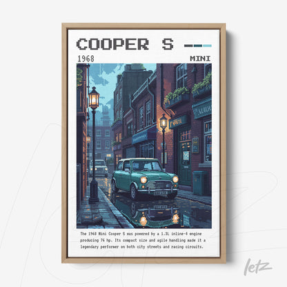 framed digital art of a 1968 Mini Cooper S parked on a cobblestone street illuminated by gas lamps