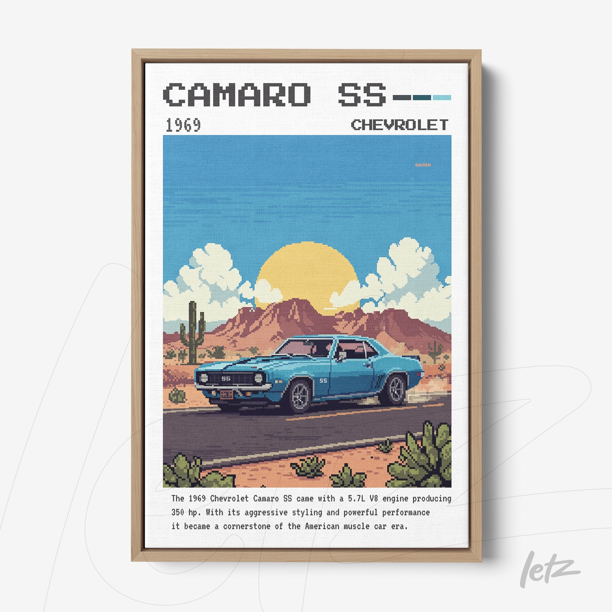 framed digital artwork of a 1969 Chevrolet Camaro SS in light wood frame