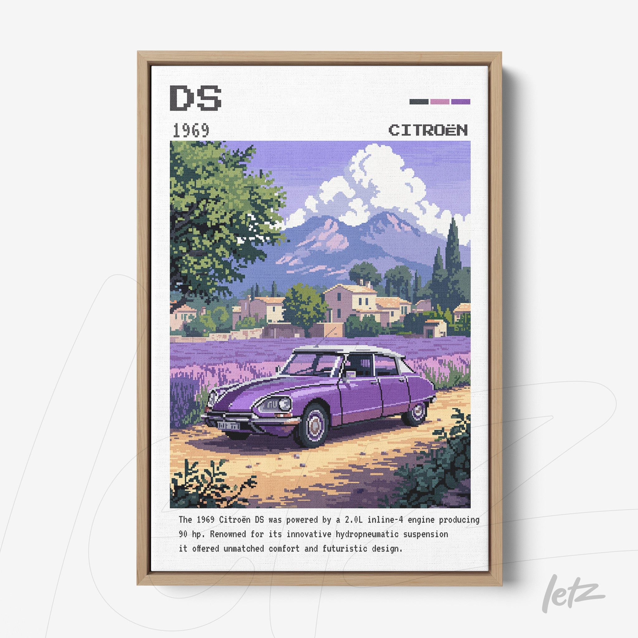 framed retro art of a 1969 Citroën DS in a scenic setting with mountains and lavender fields