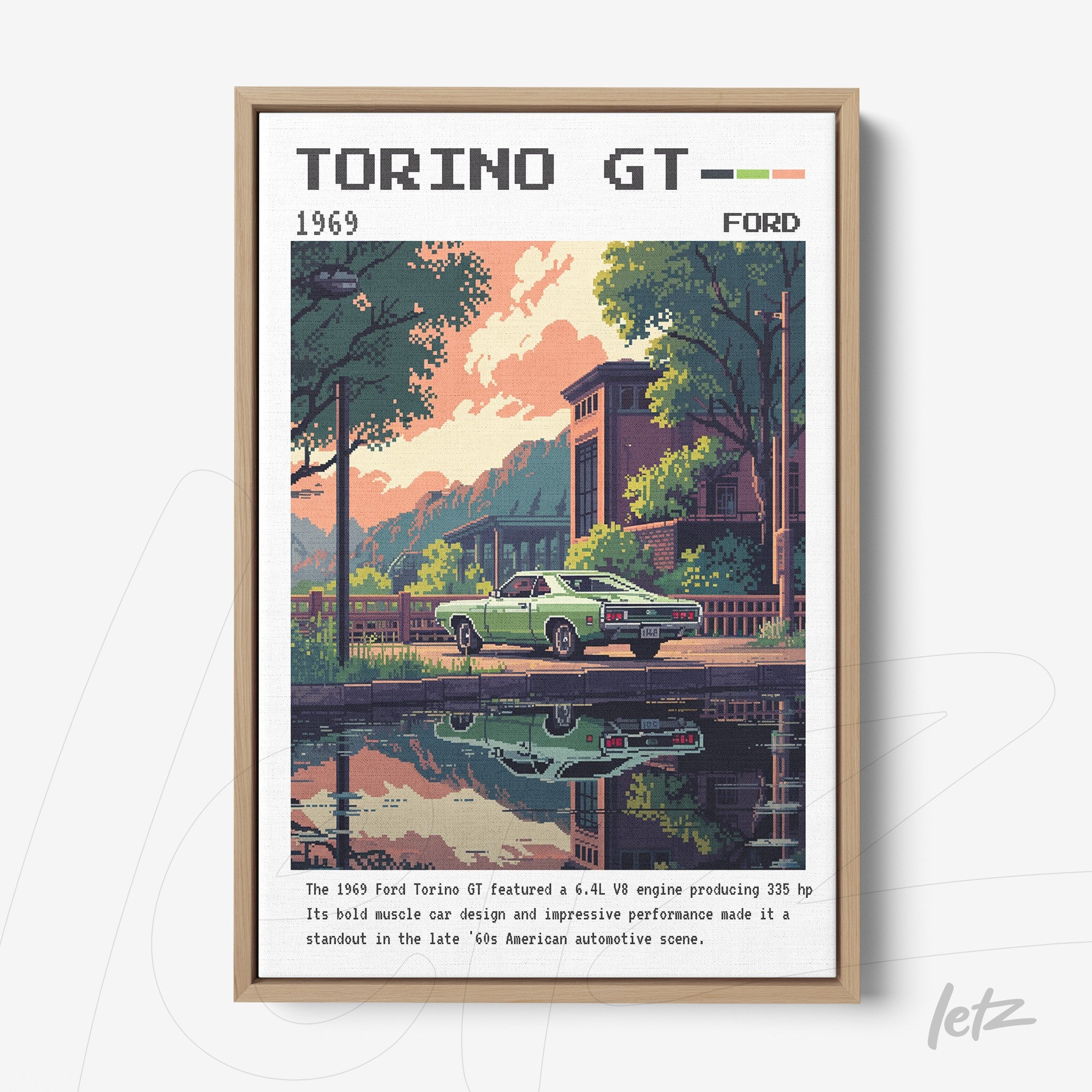 pixel art framed print of a 1969 Ford Torino GT in front of a historic building, featuring trees and reflections on the water