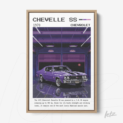 framed retro illustration of 1970 Chevelle SS car with light frame and purple garage background