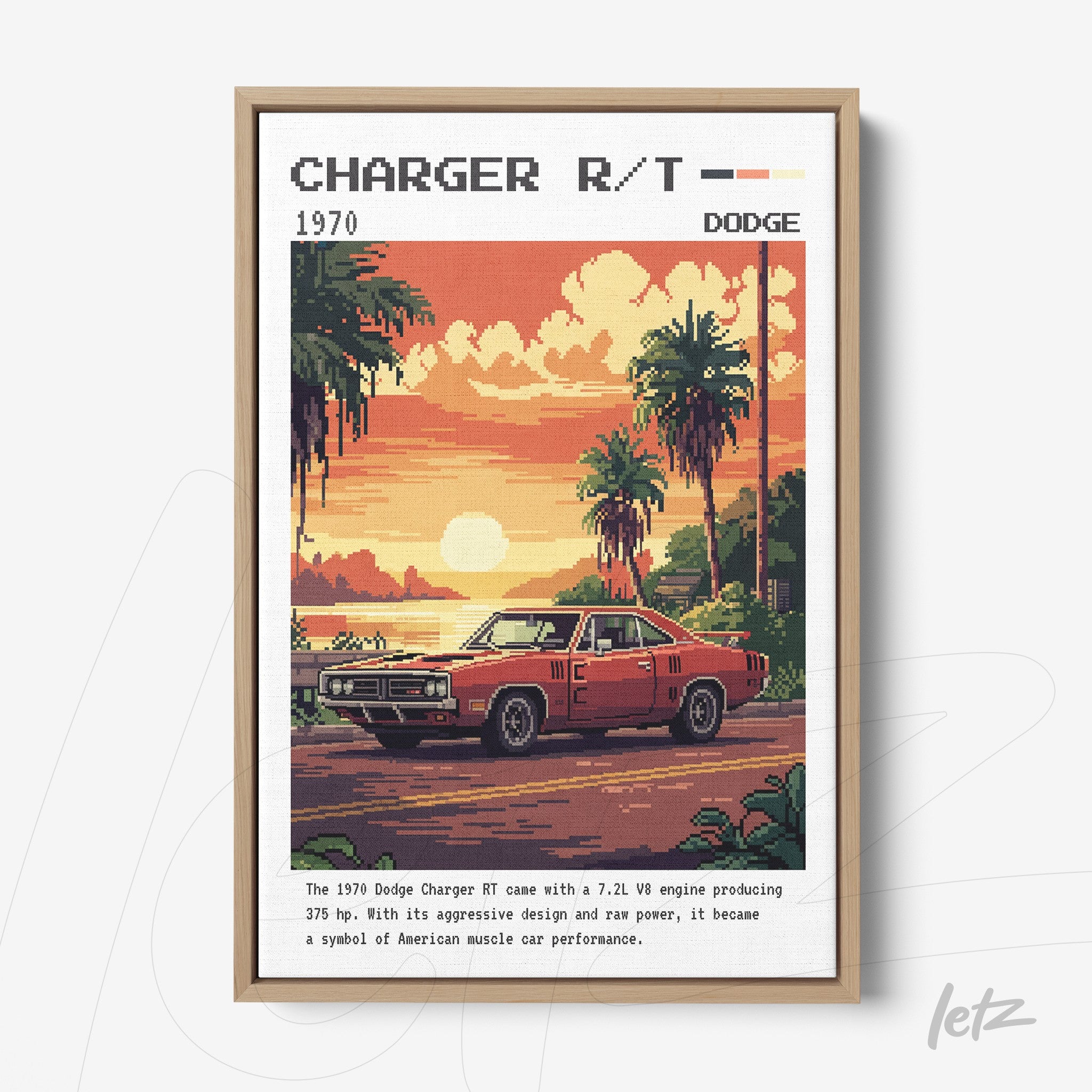 retro style wall art of a 1970 Dodge Charger RT in a light wood frame with a tropical sunset background