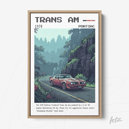 pixel art wall decor of 1978 Pontiac Trans Am in light wood frame
