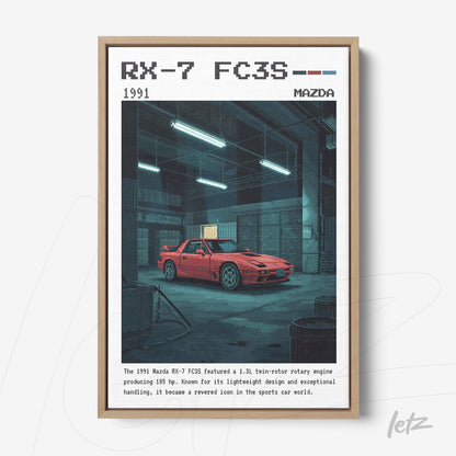 poster print featuring retro art of a Mazda RX-7 FC3S car displayed in a light wood frame on a neutral background