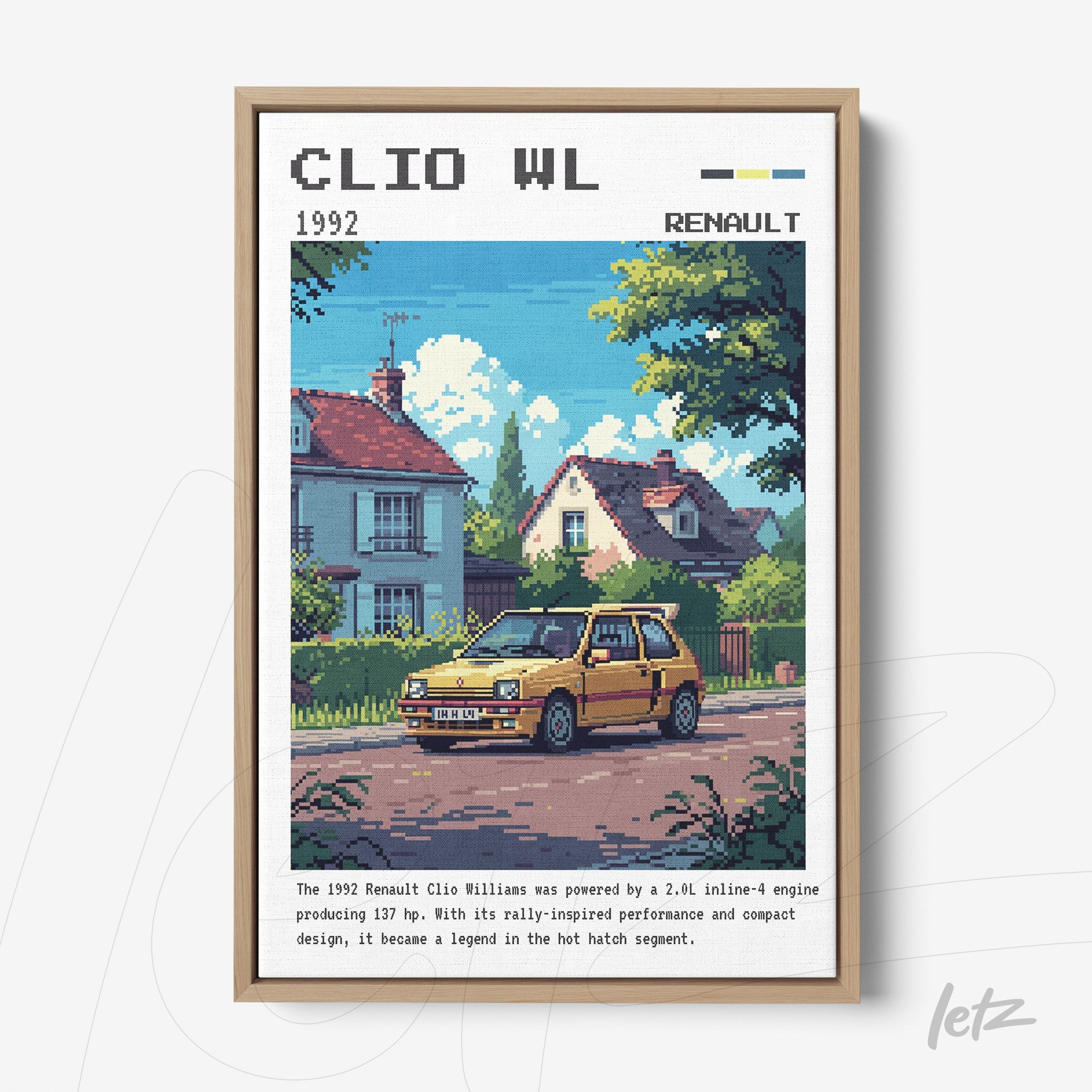 pixel art print featuring a yellow Renault Clio Williams parked in front of a house