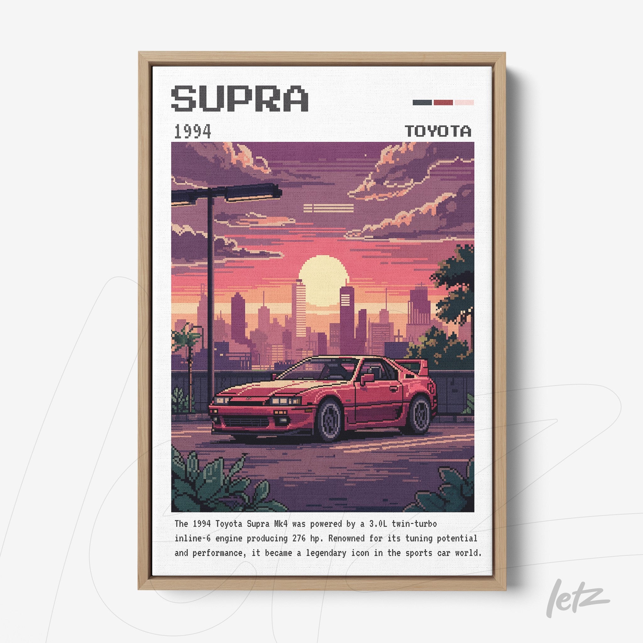 pixel art framed wall art of a 1994 Toyota Supra car in an urban sunset landscape with a light frame