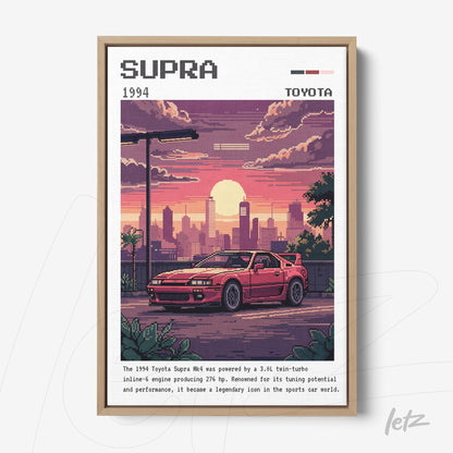 pixel art framed wall art of a 1994 Toyota Supra car in an urban sunset landscape with a light frame