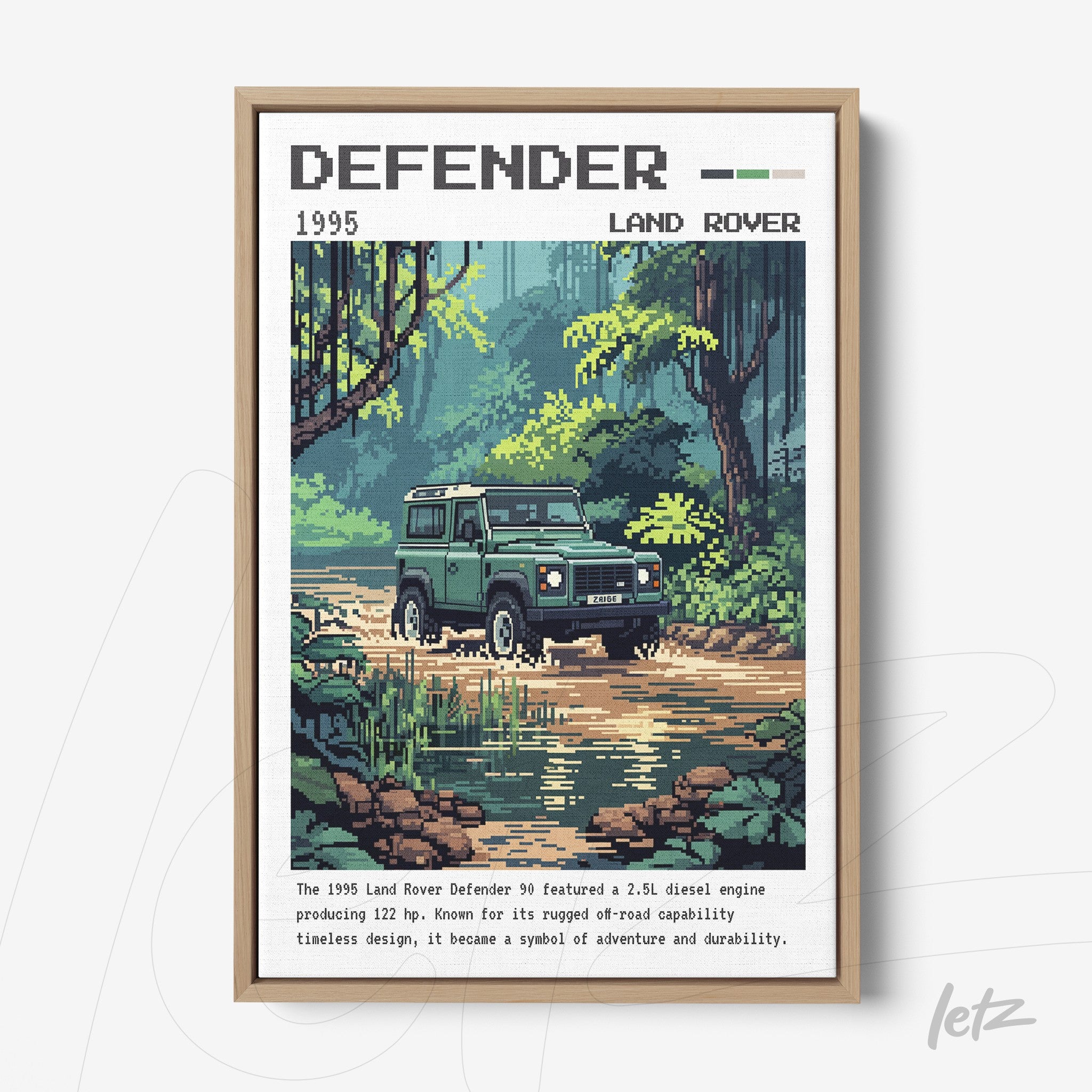 pixel art print featuring a land rover defender in a natural setting surrounded by green trees and detailed water texture, framed in light wood