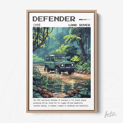 pixel art print featuring a land rover defender in a natural setting surrounded by green trees and detailed water texture, framed in light wood