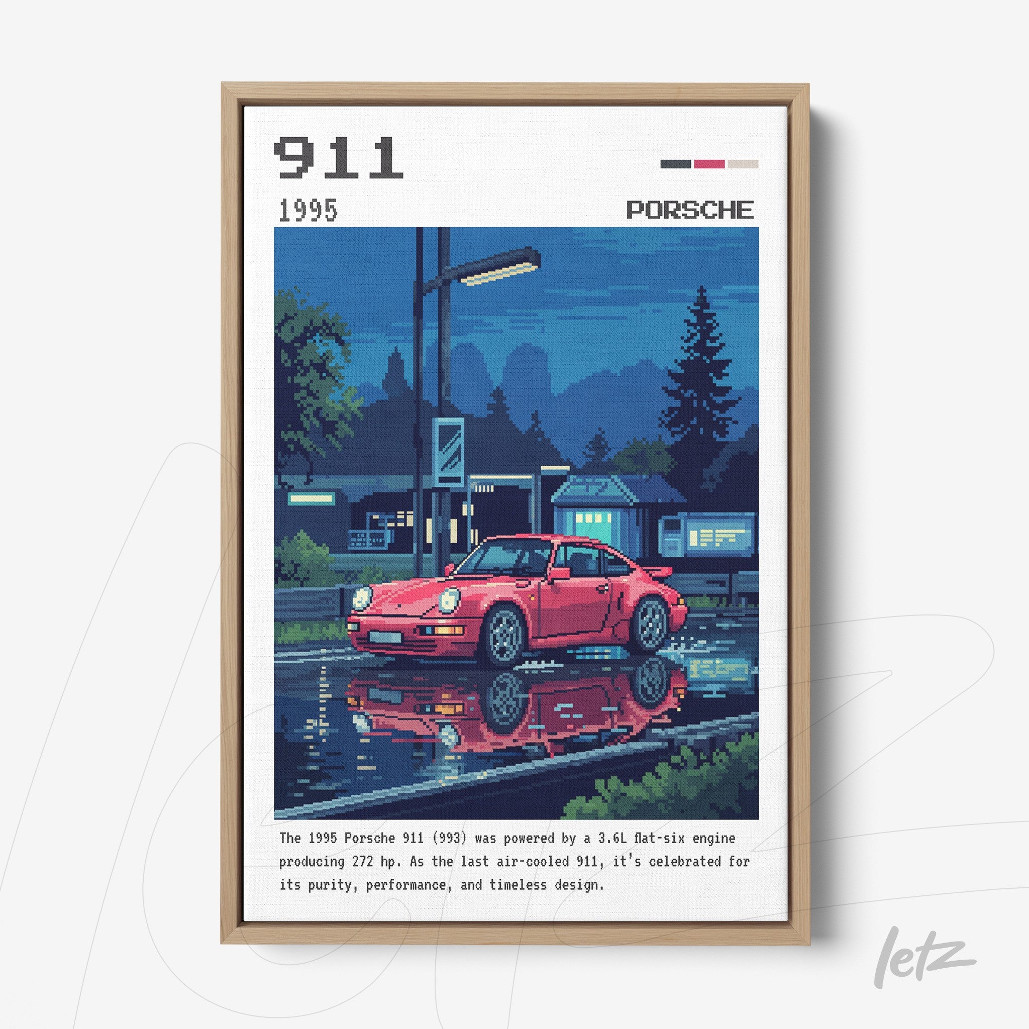framed wall art of a 1995 Porsche 911 reflecting in water at night with soft lighting