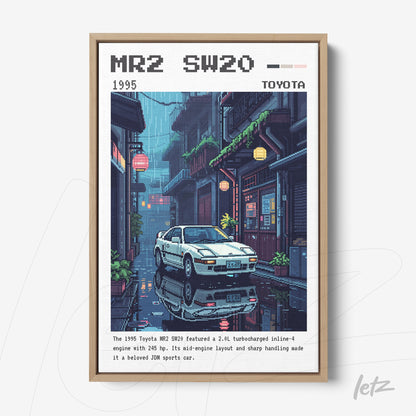 framed wall art featuring digital illustration of 1995 Toyota MR2 SW20 in a rainy street with Asian architecture