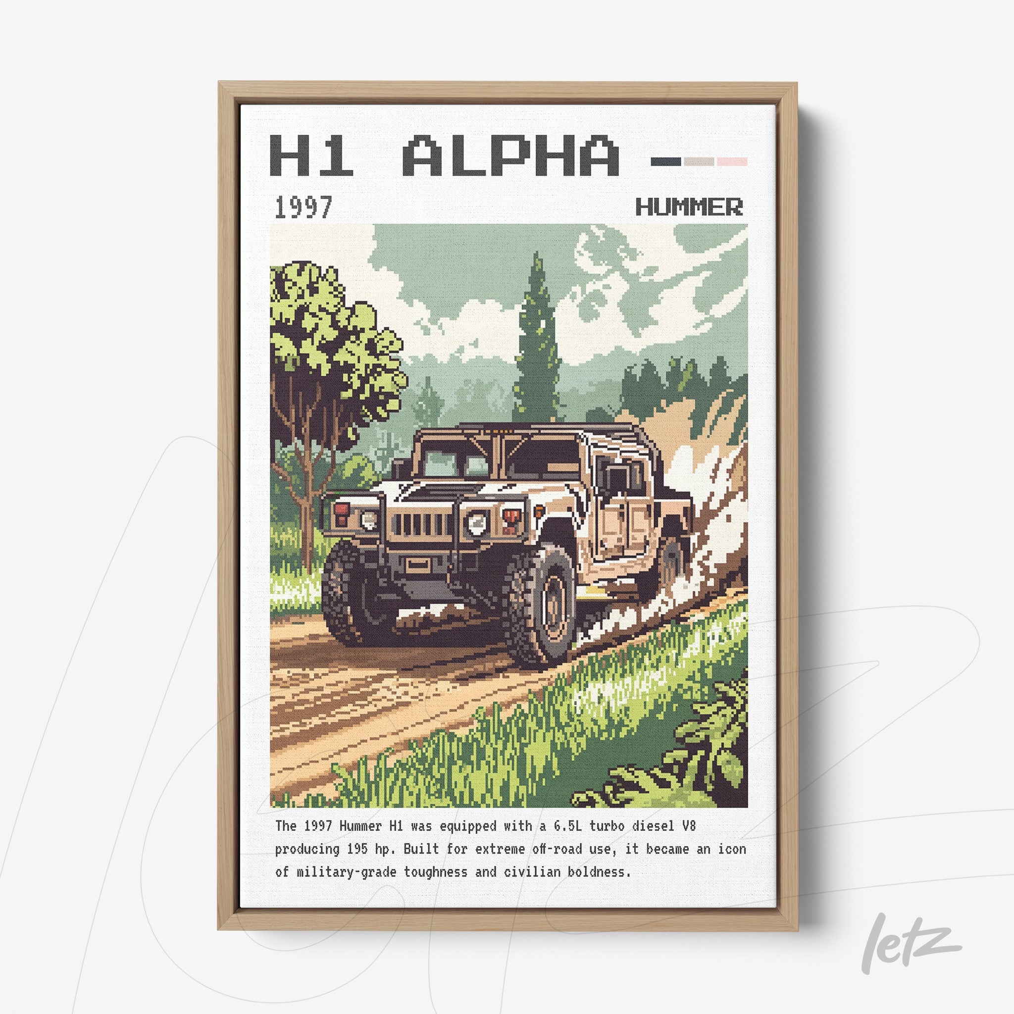 framed digital art of a 1997 Hummer H1 driving through a colorful rural landscape with a light wood frame