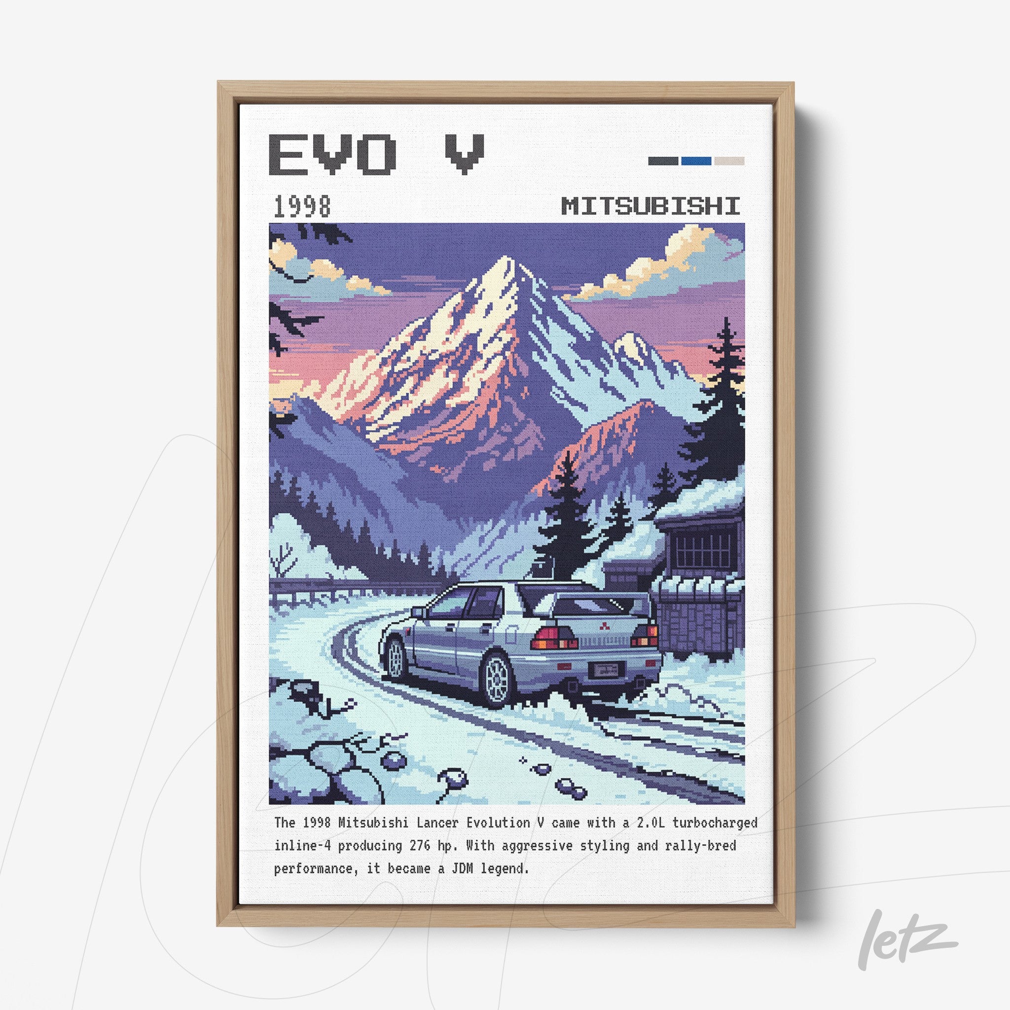 retro style framed art of Mitsubishi Lancer Evolution V in snowy mountain landscape with light wood frame