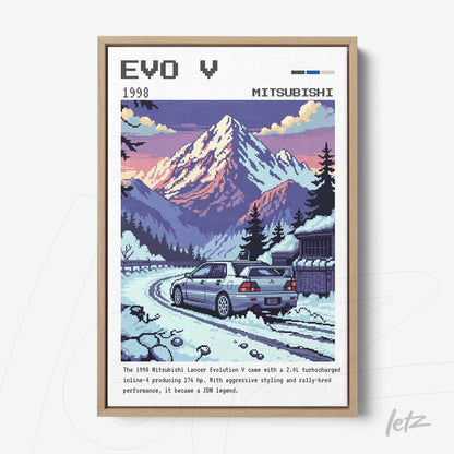 retro style framed art of Mitsubishi Lancer Evolution V in snowy mountain landscape with light wood frame