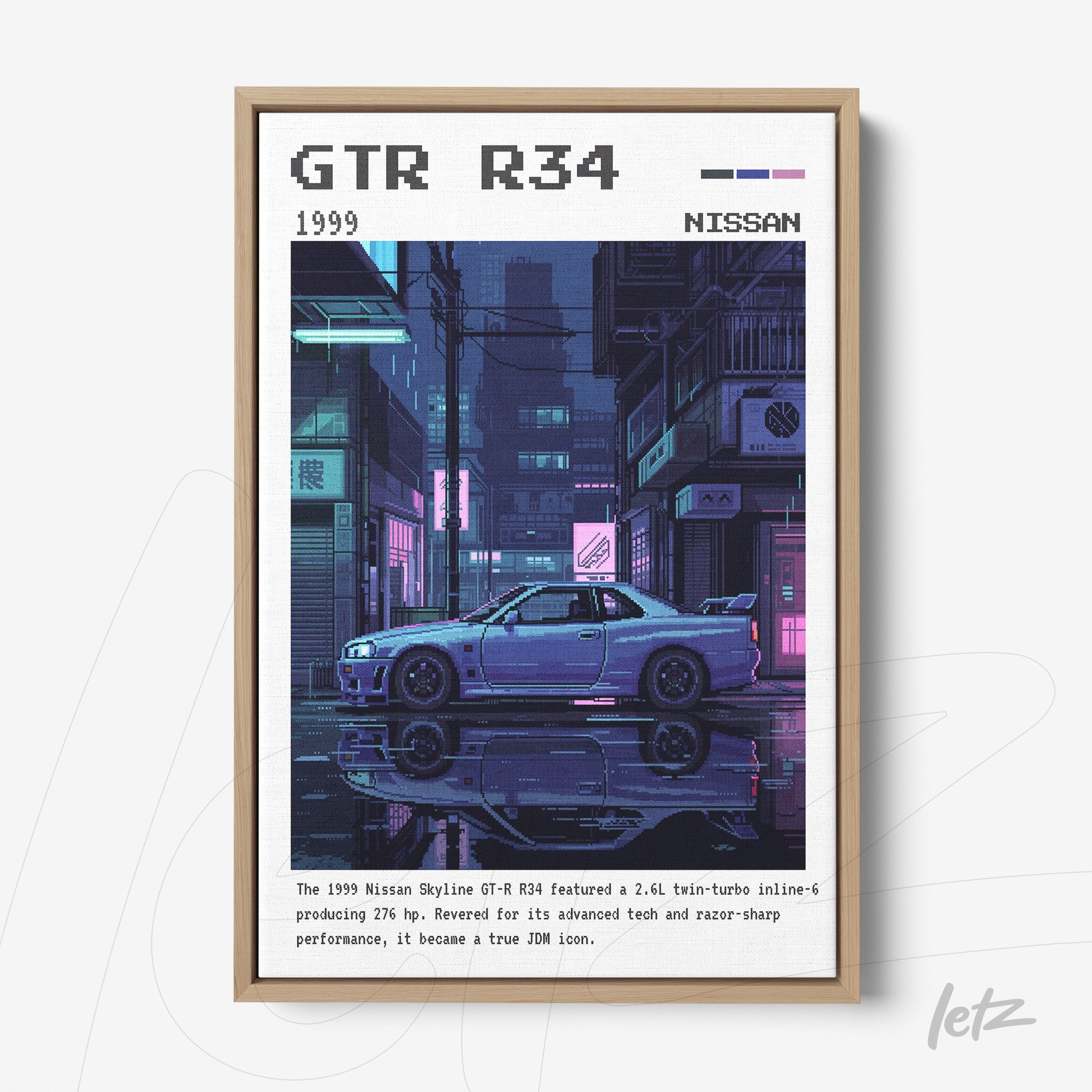 pixel art of a Nissan GTR R34 framed in a light wooden frame