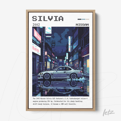 retro digital art of a 2002 Nissan Silvia in a nighttime urban setting with reflections in water, light wood frame