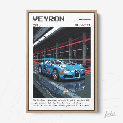 framed wall art featuring digital illustration of Bugatti Veyron sports car on a racetrack background with motion blur