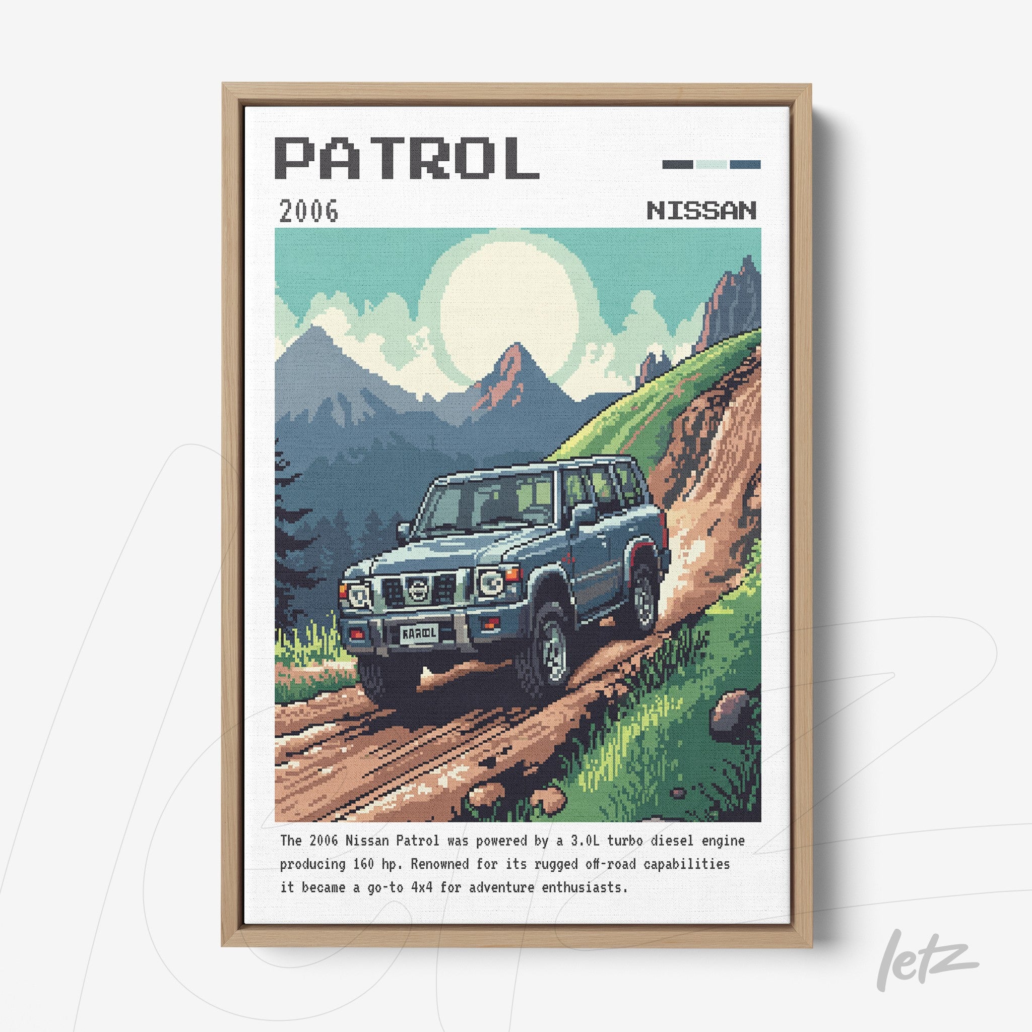 pixel art of a 2006 Nissan Patrol vehicle on a mountain road background with light-colored wooden frame