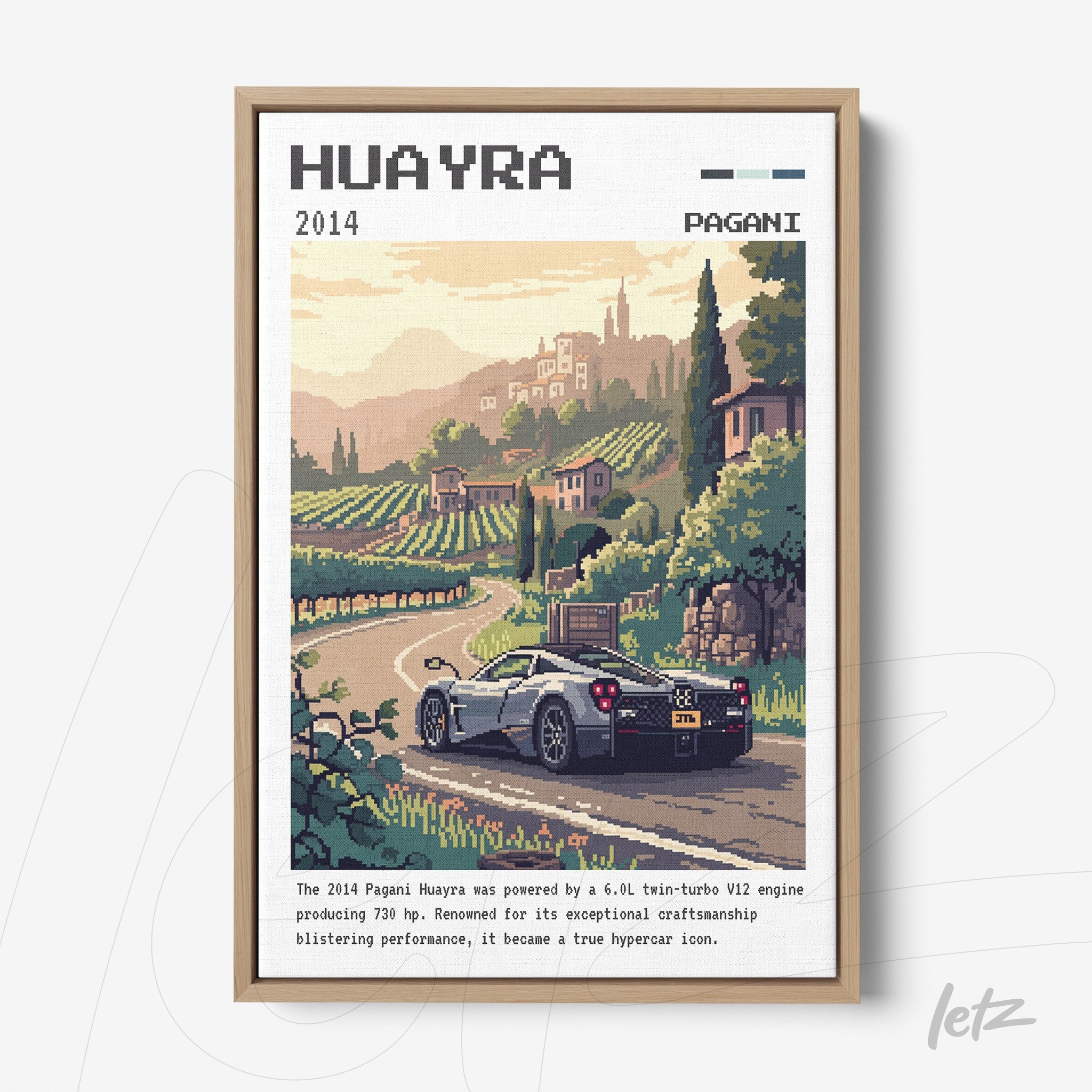 framed pixel art of a pagani huayra car on a rural road with vineyards in the background