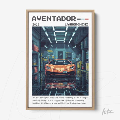pixel art wall featuring a lamborghini aventador in a stylized garage environment with high-definition details