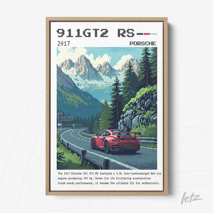 pixel art of a porsche 911 gt2 rs on a mountain road with green background