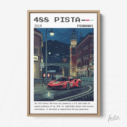 retro style artwork of Ferrari 488 Pista in light frame