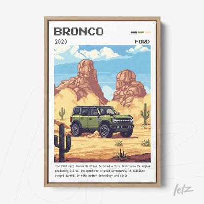 pixel art featuring a 2020 Ford Bronco in a desert setting with cacti and vibrant colors