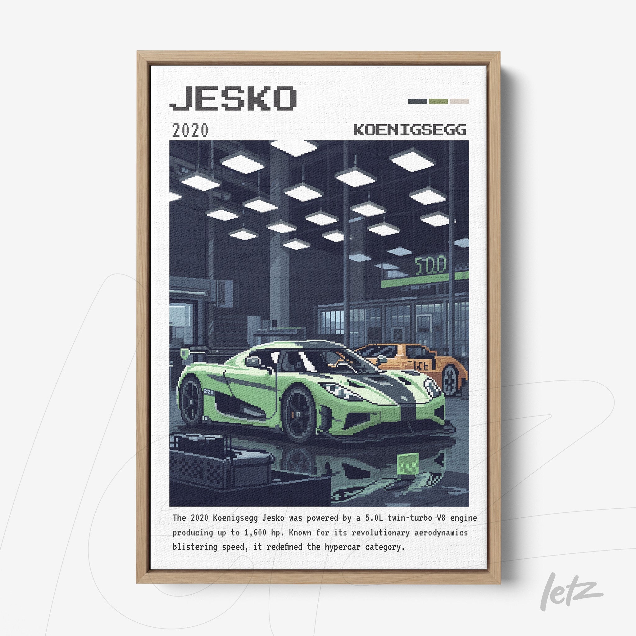framed wall art of a green sports car in a garage with overhead lights and modern design