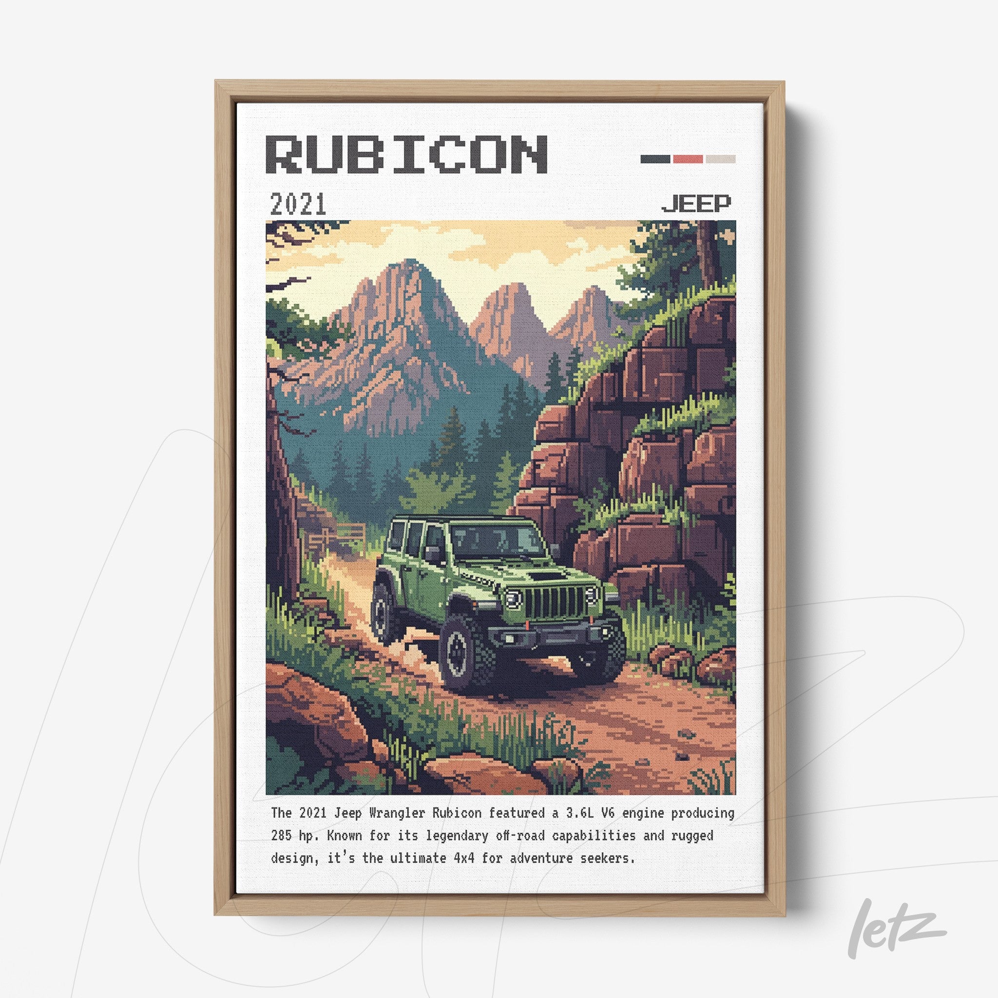 vintage style wall art featuring a Jeep Rubicon driving on a mountain road