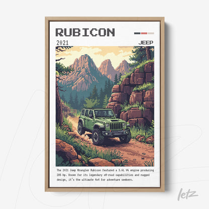 vintage style wall art featuring a Jeep Rubicon driving on a mountain road