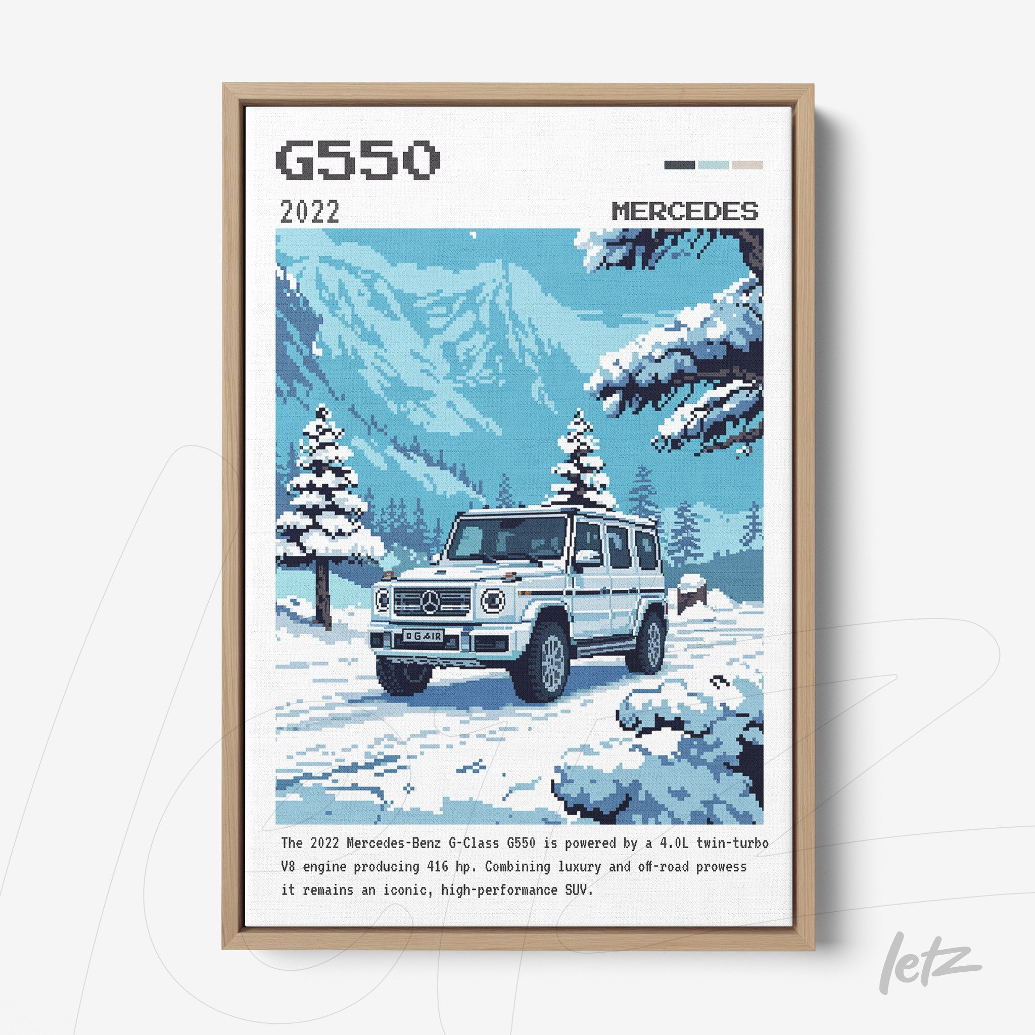 pixel art of Mercedes-Benz G550 model in a snowy landscape framed in light wood