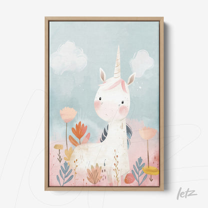 children's wall art featuring a unicorn in a floral setting with light wood frame