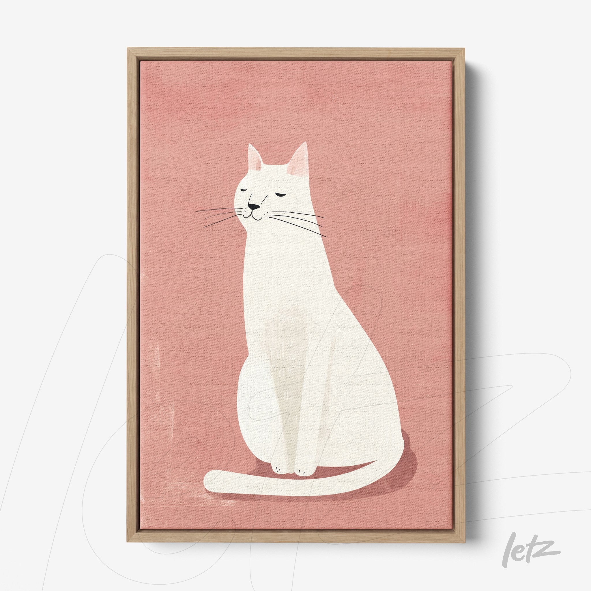 framed artwork of a white cat against a pink background with a light wood frame