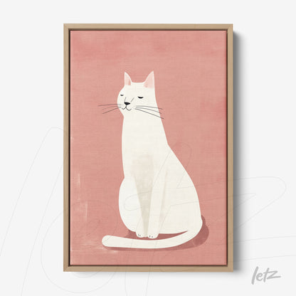 framed artwork of a white cat against a pink background with a light wood frame