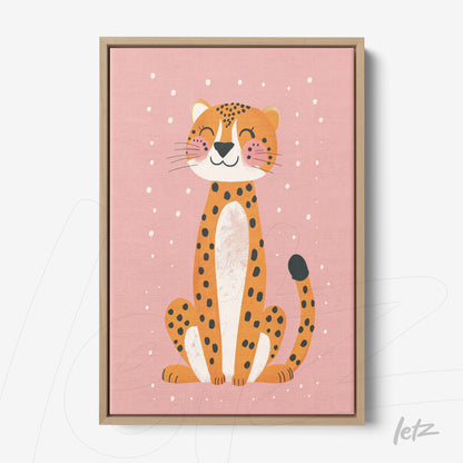 framed artwork featuring a cheerful leopard illustration on pink background with light wooden frame
