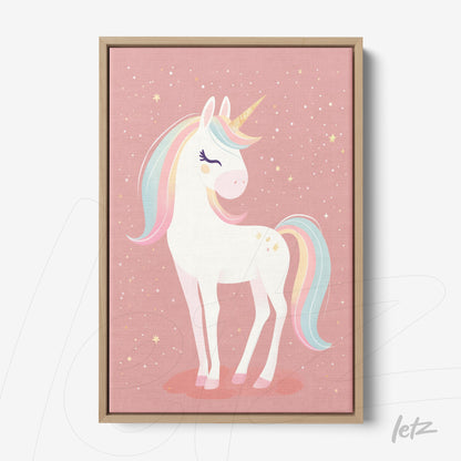 framed art featuring a white unicorn illustration on a pink background with a light wood frame
