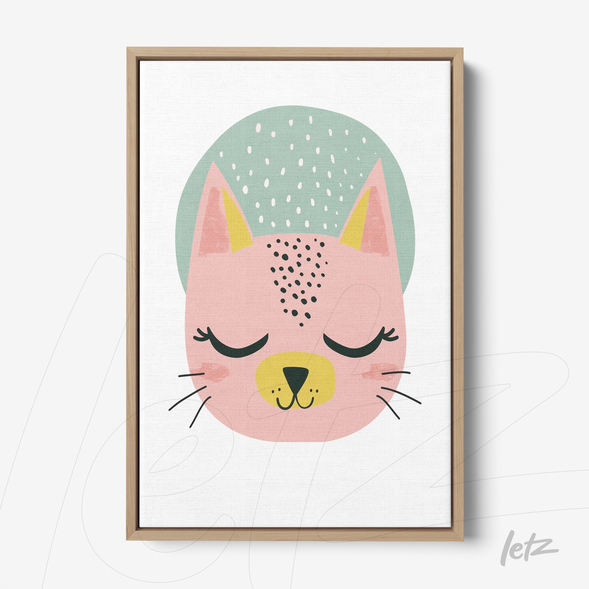 framed wall art featuring a simple design of a pink cat with closed eyes and a light green background