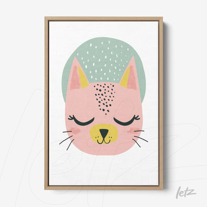 framed wall art featuring a simple design of a pink cat with closed eyes and a light green background