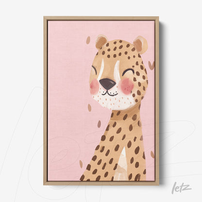 framed art of a stylized leopard with a pink background and light wood frame
