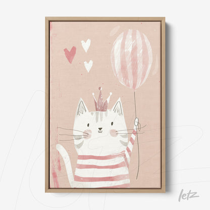 framed illustration of a cat holding a pink balloon with hearts and a crown on coral background