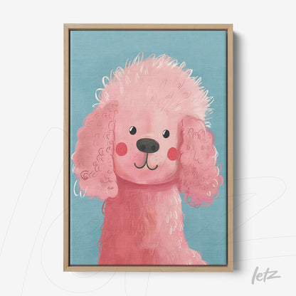 framed colorful illustration of a pink poodle against a blue background with light wood frame