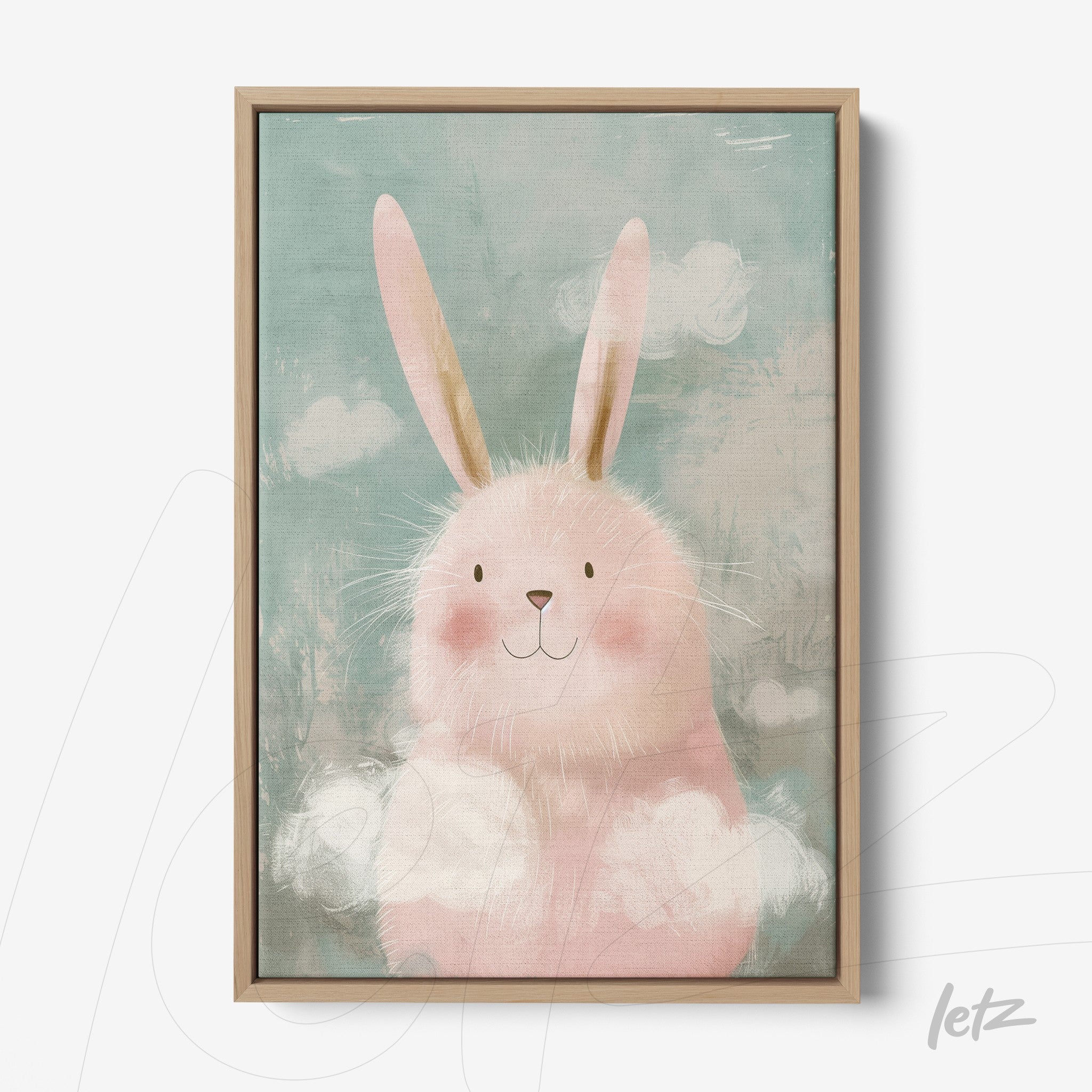 framed wall art with a cute pink bunny illustration against a light blue background